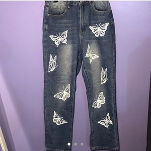 BUTTERFLY PRINT HIGH WAISTED STRAIGHT LEG JEANS